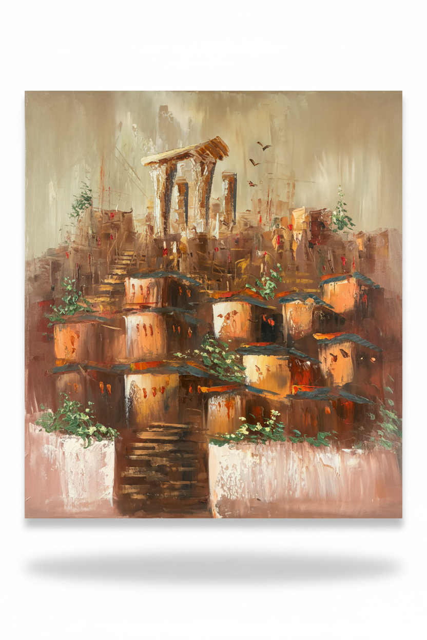 Hillside village ancient ruins oil painting isolated on white background with drop shadow, no frame, raw portrait canvas edges
