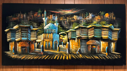 Iraqi old bazaar street scene canvas wall art – original painting with golden latticed mashrabiya buildings, teal mosque facade, minaret, rooftop gardens, and traditional figures