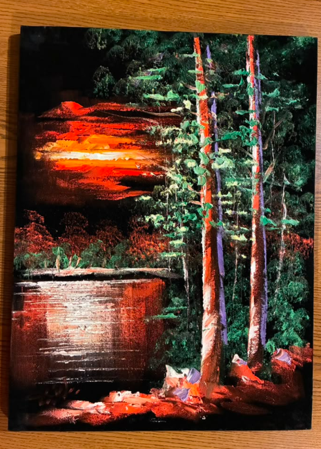 Fiery Sunset Forest by the Lake — Original Oil Painting on Canvas