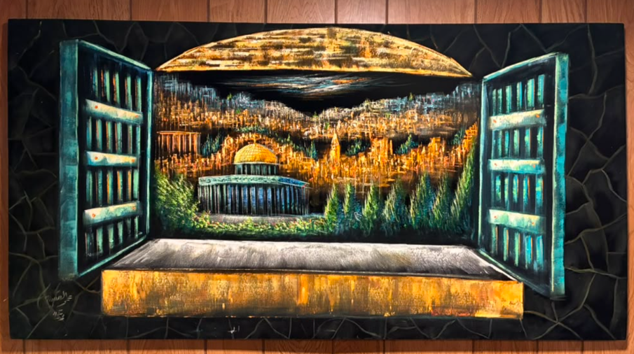 Window view of the Dome of the Rock Jerusalem canvas wall art – original painting with open teal latticed shutters, cracked mosaic frame, golden mosque dome, cypress trees, and glowing Jerusalem cityscape