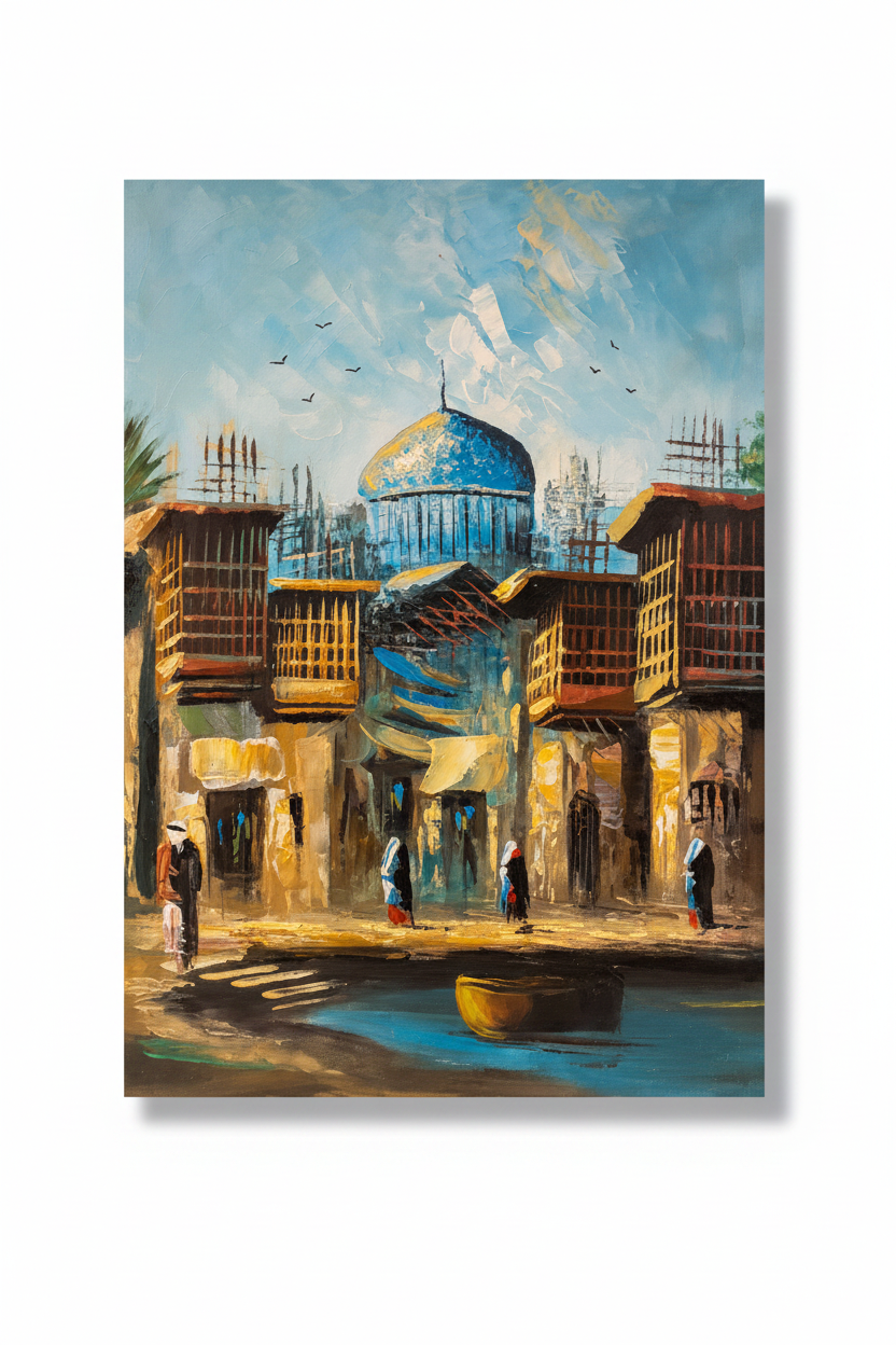 Original blue dome shrine oil painting isolated on white background with soft drop shadow, no frame