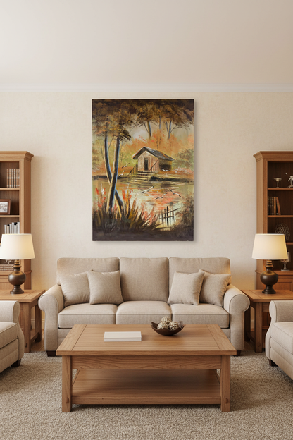Original oil painting displayed on the wall of a warm cozy family living room, no frame, canvas only