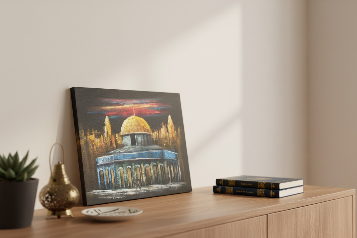 Dome of the Rock panorama night canvas art propped on wooden shelf in sophisticated minimalist home with Islamic heritage decor lifestyle photo