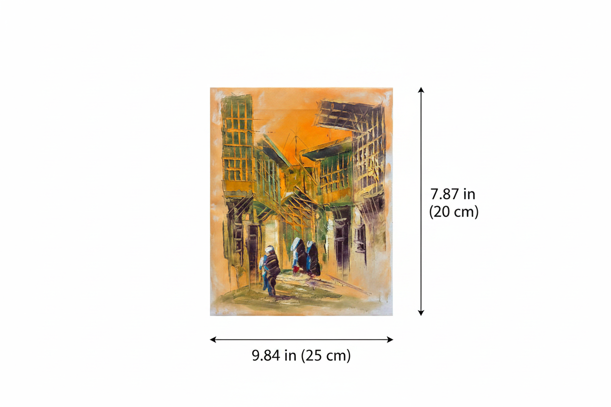 Dimension diagram showing 9.84 inch width and 7.87 inch height of the market street oil painting canvas