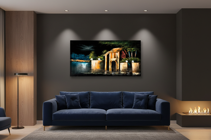Original waterfront night scene painting displayed unframed on a dark charcoal modern living room wall