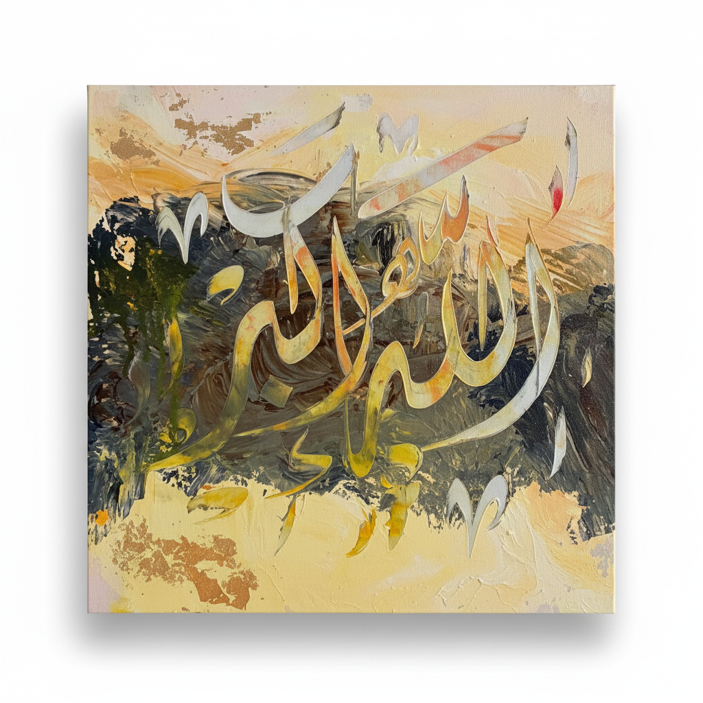 Allahu Akbar sandy gold calligraphy canvas isolated on white background with soft drop shadow