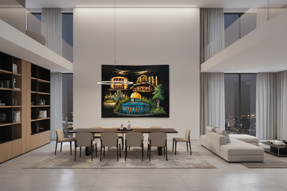 Dome of the Rock and Petra Heritage oil painting displayed in a spacious open-plan dining area — 39.4 x 31.5 inch canvas wall art