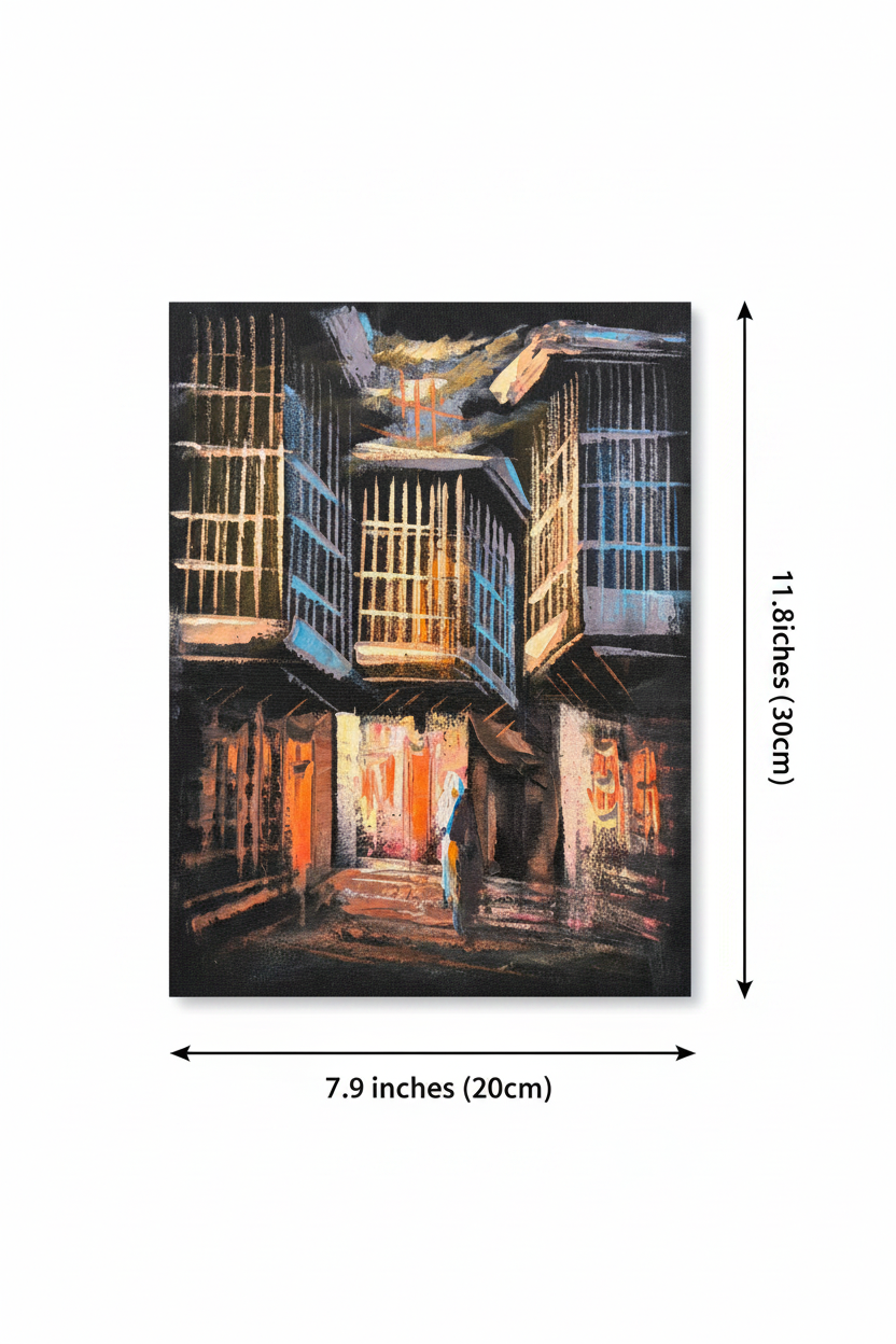 Illuminated old city alleyway canvas art with dimensions 7.9 inches wide x 11.8 inches tall 20cm x 30cm