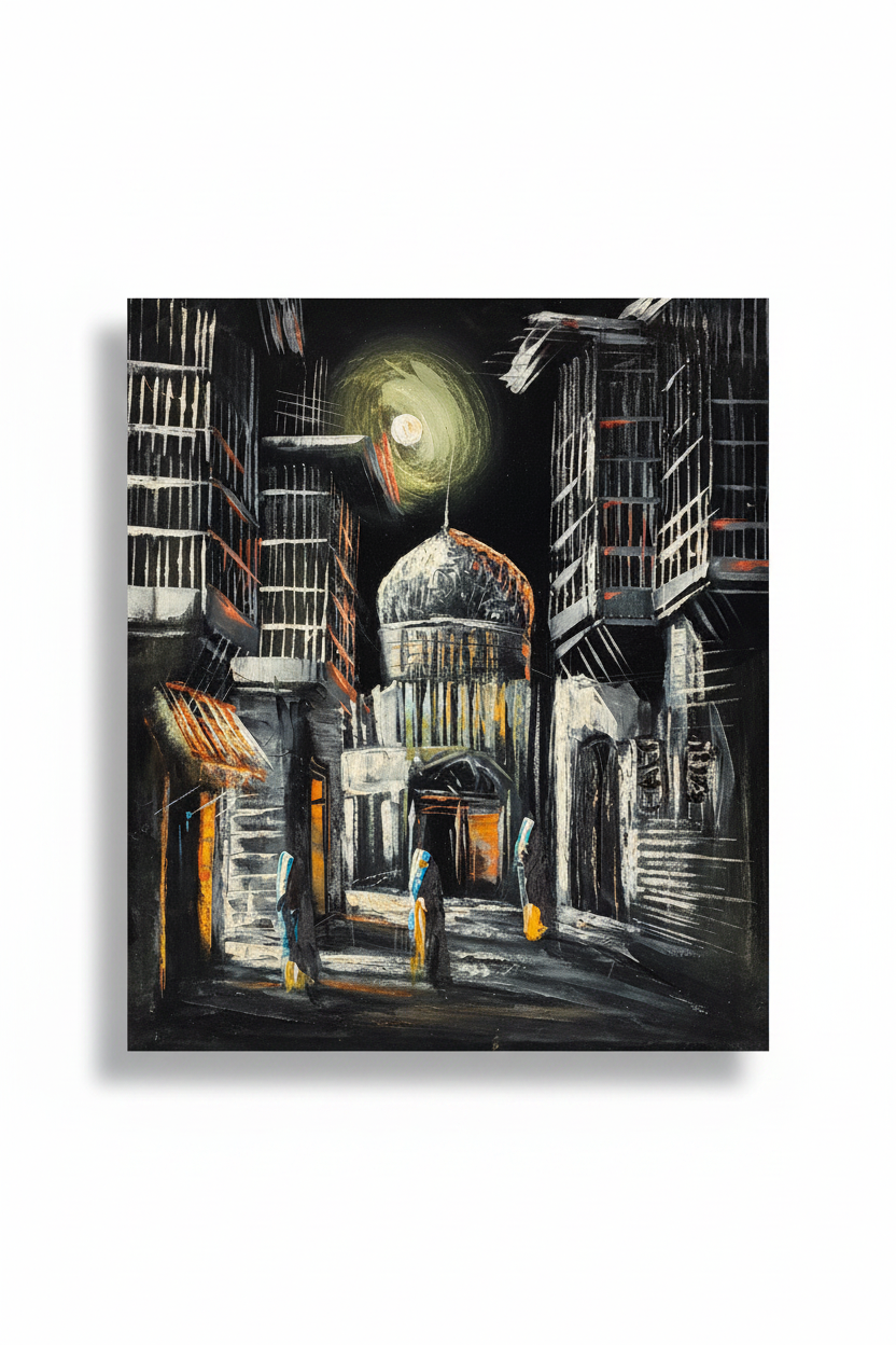Moonlit domed mosque city street night scene canvas art on white background with drop shadow – 20x24 inches product shot