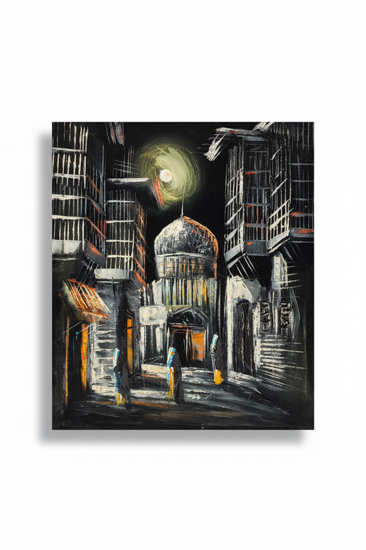 Moonlit domed mosque city street night scene canvas art on white background with drop shadow – 20x24 inches product shot