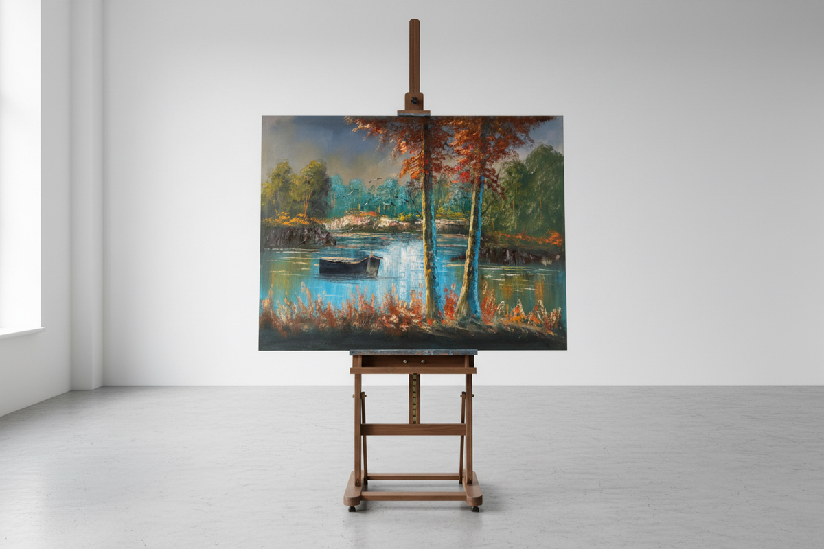 Autumn lake rowboat original oil painting displayed on a wooden easel art stand — frameless gallery presentation