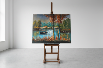 Autumn lake rowboat original oil painting displayed on a wooden easel art stand — frameless gallery presentation