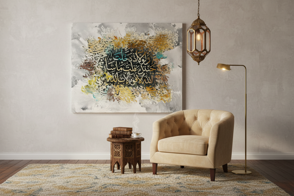 Frameless Arabic calligraphy canvas art displayed in sophisticated dining area
