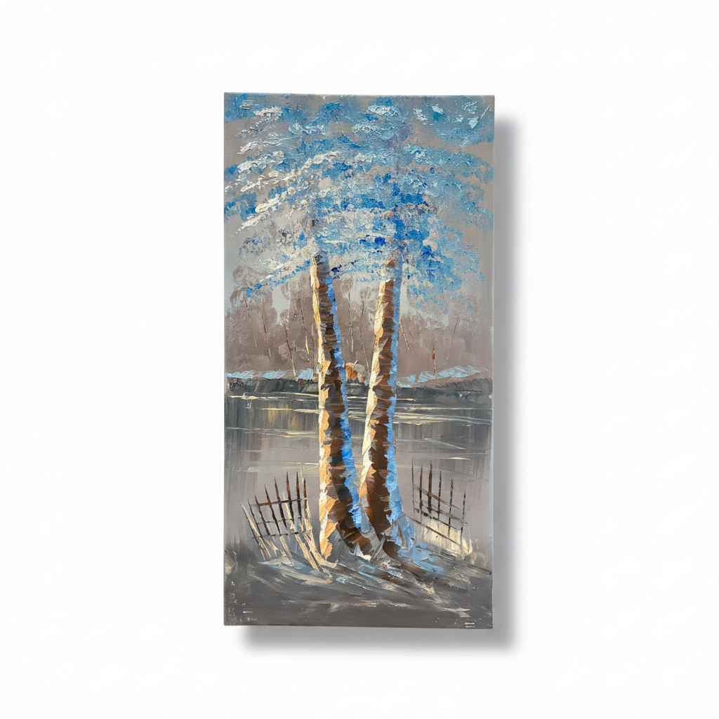 Three Trees in Winter Mist oil painting isolated on white background with shadow