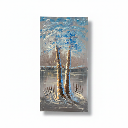 Three Trees in Winter Mist oil painting isolated on white background with shadow