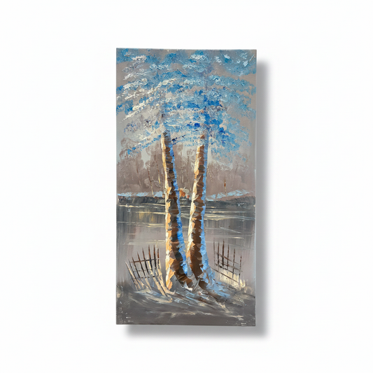 Three Trees in Winter Mist oil painting isolated on white background with shadow