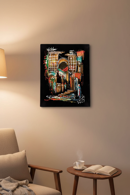 Abstract ancient city gate expressionist canvas art displayed in small cozy room lifestyle photo