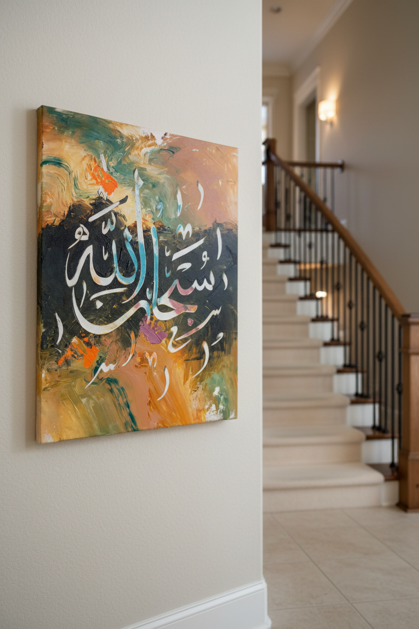 Subhanallah Arabic calligraphy canvas art hanging on a wall beside an elegant staircase, portrait 3:4 ratio, no frame gallery wrap, luxury home interior