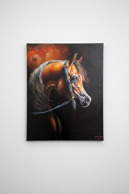 Arabian horse painting displayed on wall, unframed canvas, no border