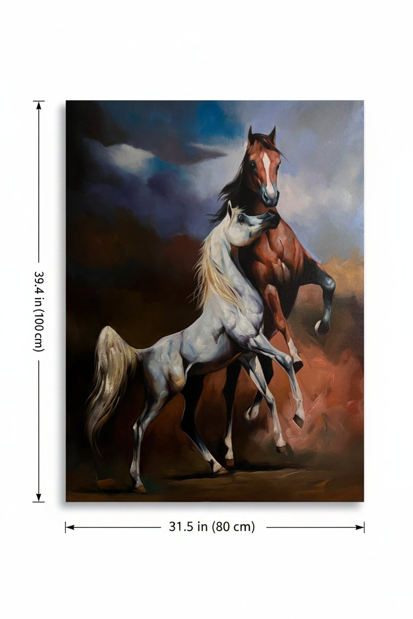 Two Arabian horses storm canvas art with dimensions 31.5 inches wide x 39.4 inches tall 80cm x 100cm