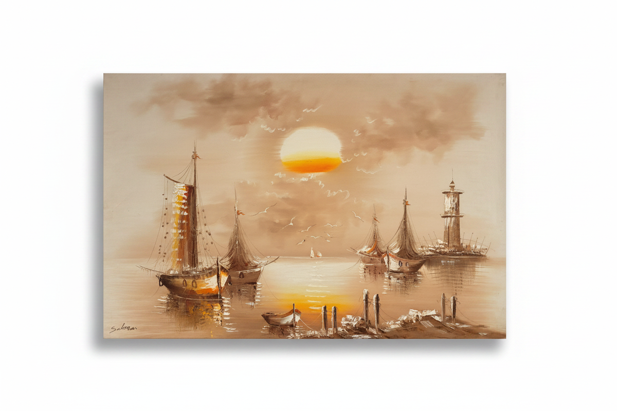 Original harbor sunset oil painting isolated on white background with drop shadow, unframed canvas 35.43 by 23.62 inches