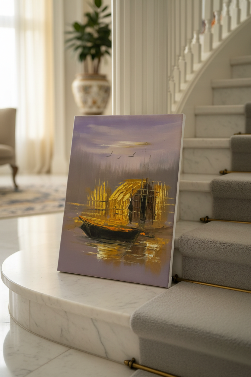 Original Iraqi marsh mudhif impasto oil painting leaning on marble staircase step in luxury home interior