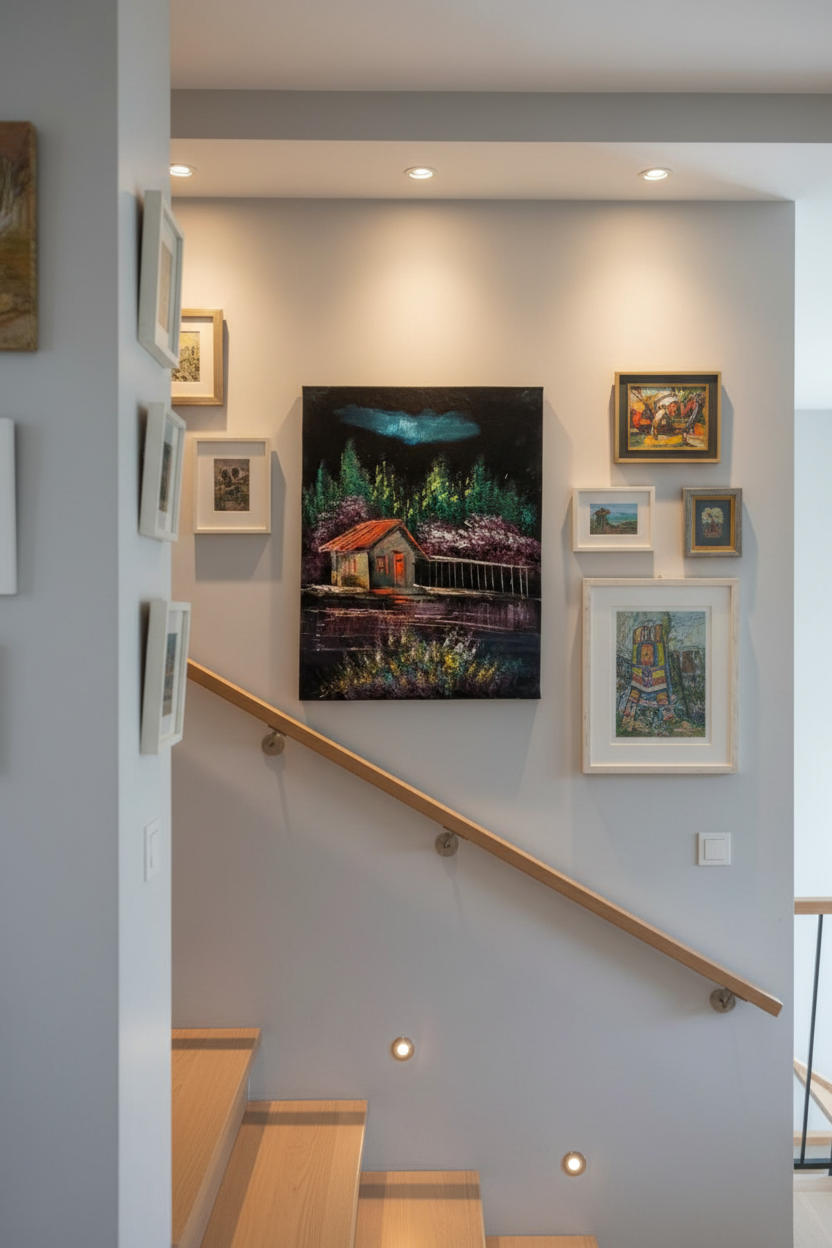 Moonlit forest cabin lake canvas art displayed on staircase gallery wall in modern home lifestyle photo