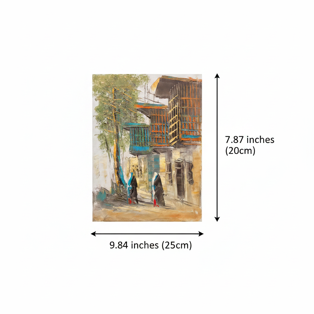 Dimension diagram: Old town street scene oil painting size 9.84 inches wide by 7.87 inches tall on white background