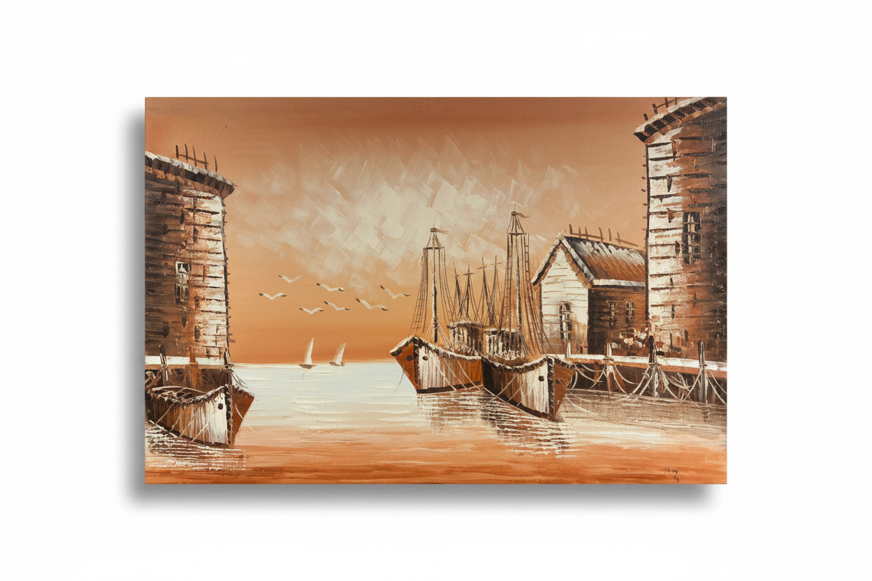 Original rustic harbor dock oil painting isolated on white background with natural drop shadow, unframed canvas 35.43 by 23.62 inches