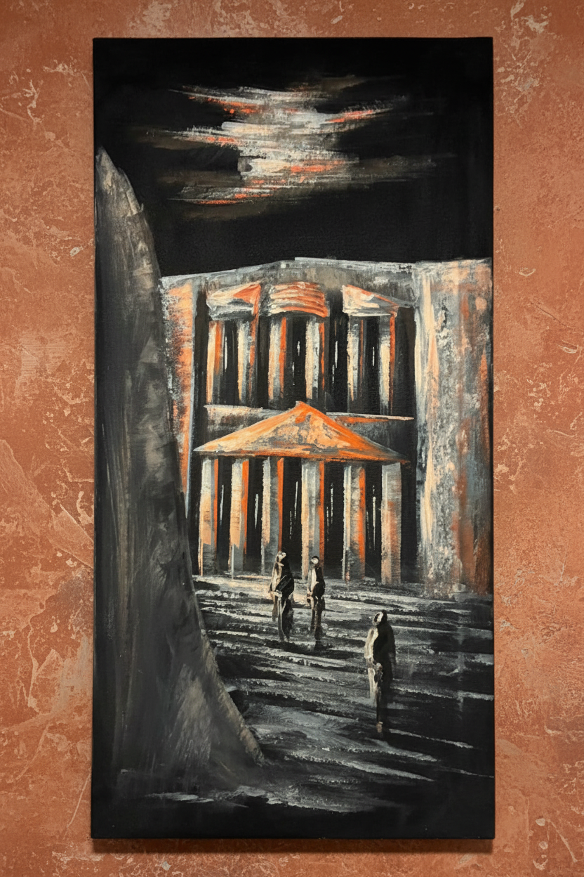 Petra at night painting displayed on terracotta rust wall