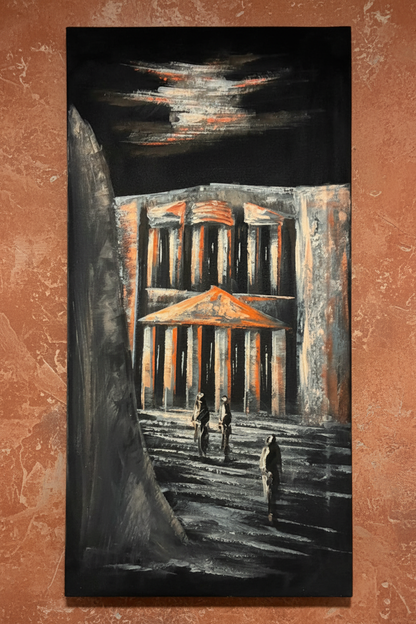Petra at night painting displayed on terracotta rust wall