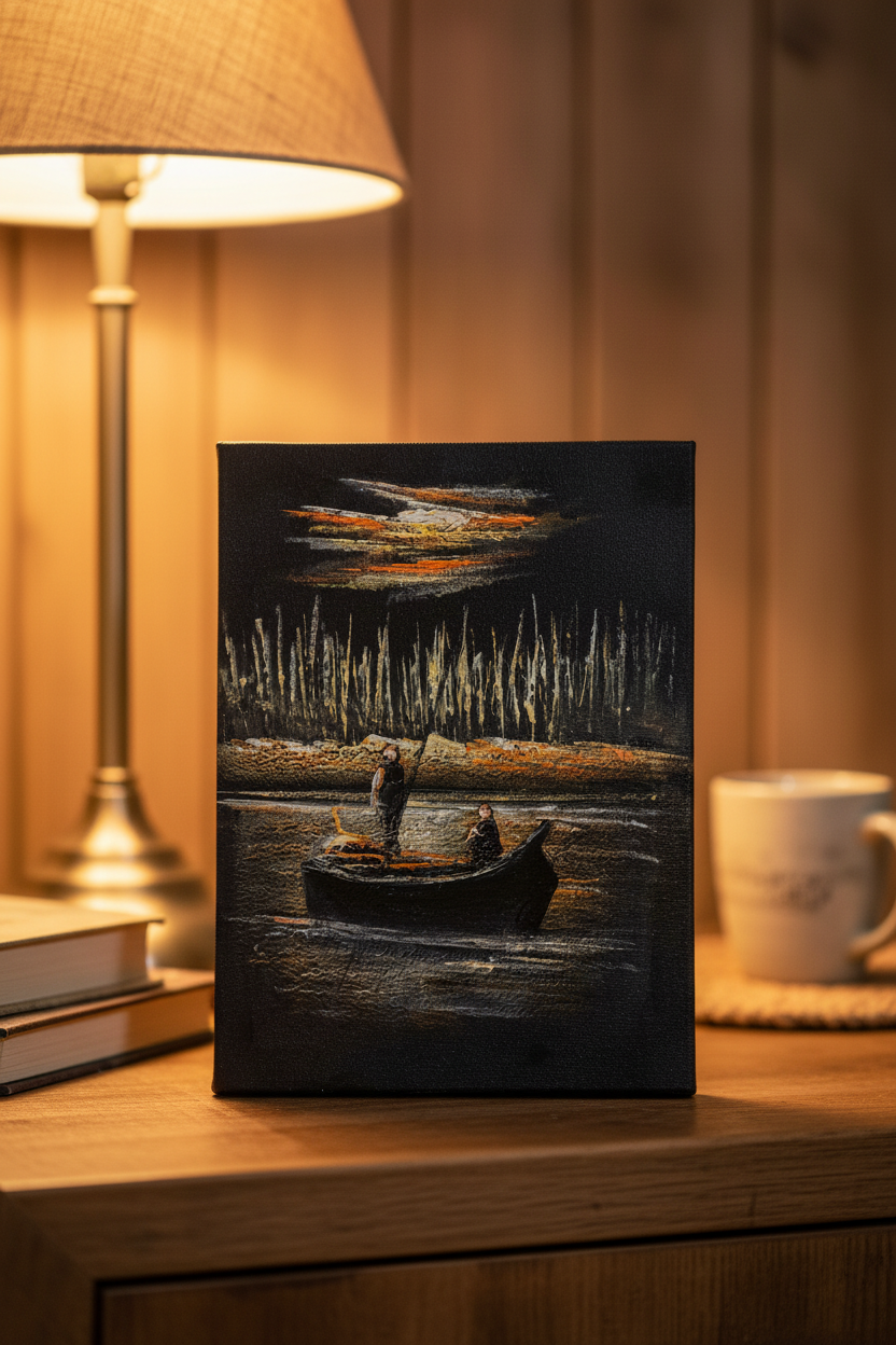 Night fishing boat river canvas art propped on rustic wooden shelf in cozy warm study living room lifestyle photo