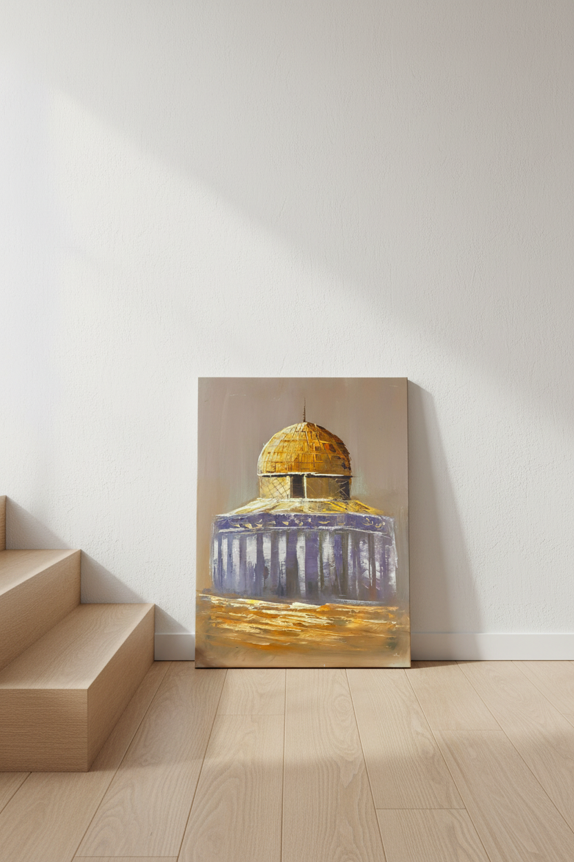 Dome of the Rock painting leaning against wall near stairs in luxury home interior