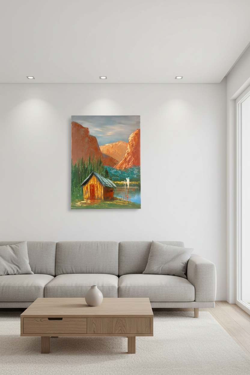 Mountain cabin painting hung on empty white wall in minimalist living room
