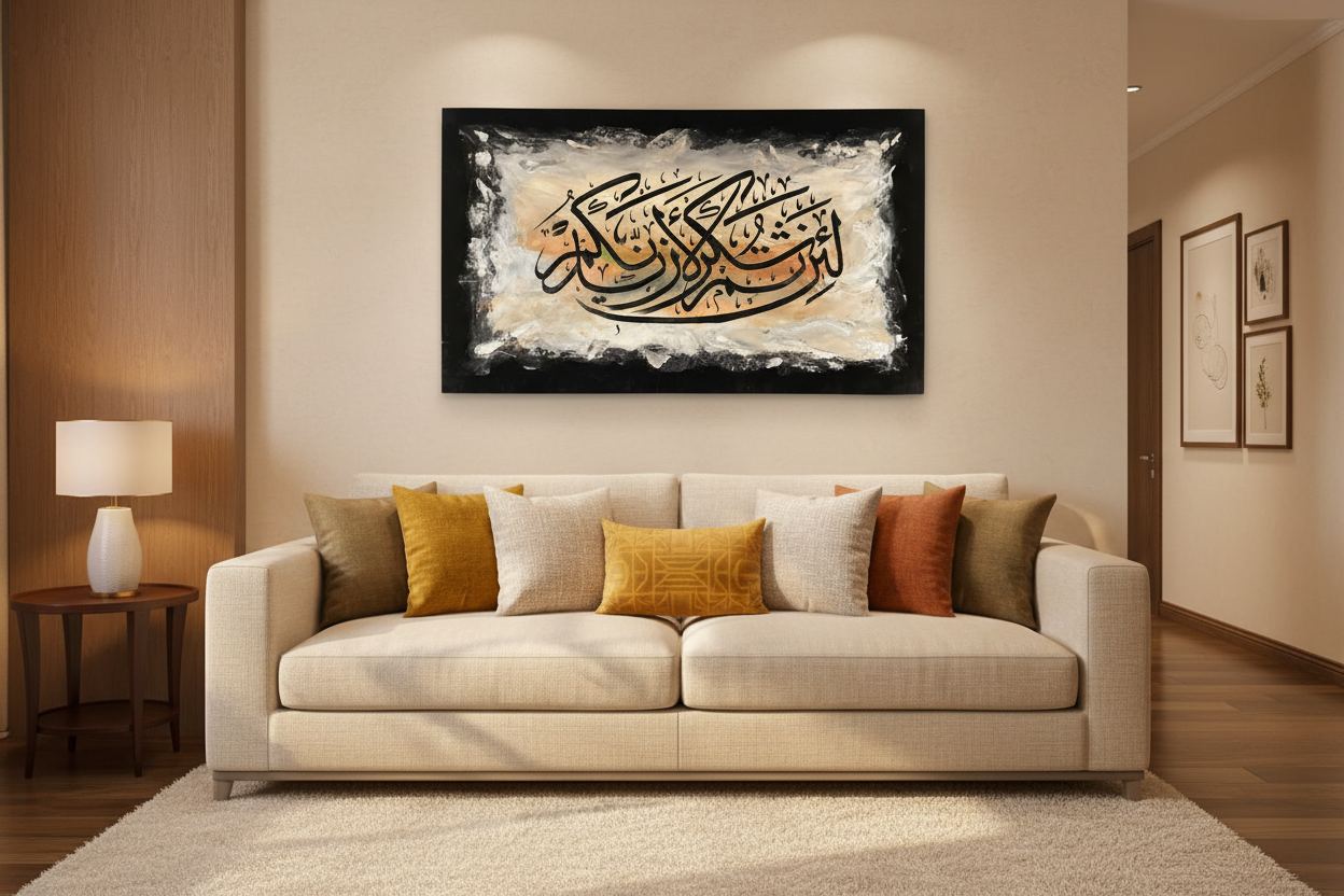 La Taqnatu Min Rahmatillah canvas displayed in a modern living room above sofa