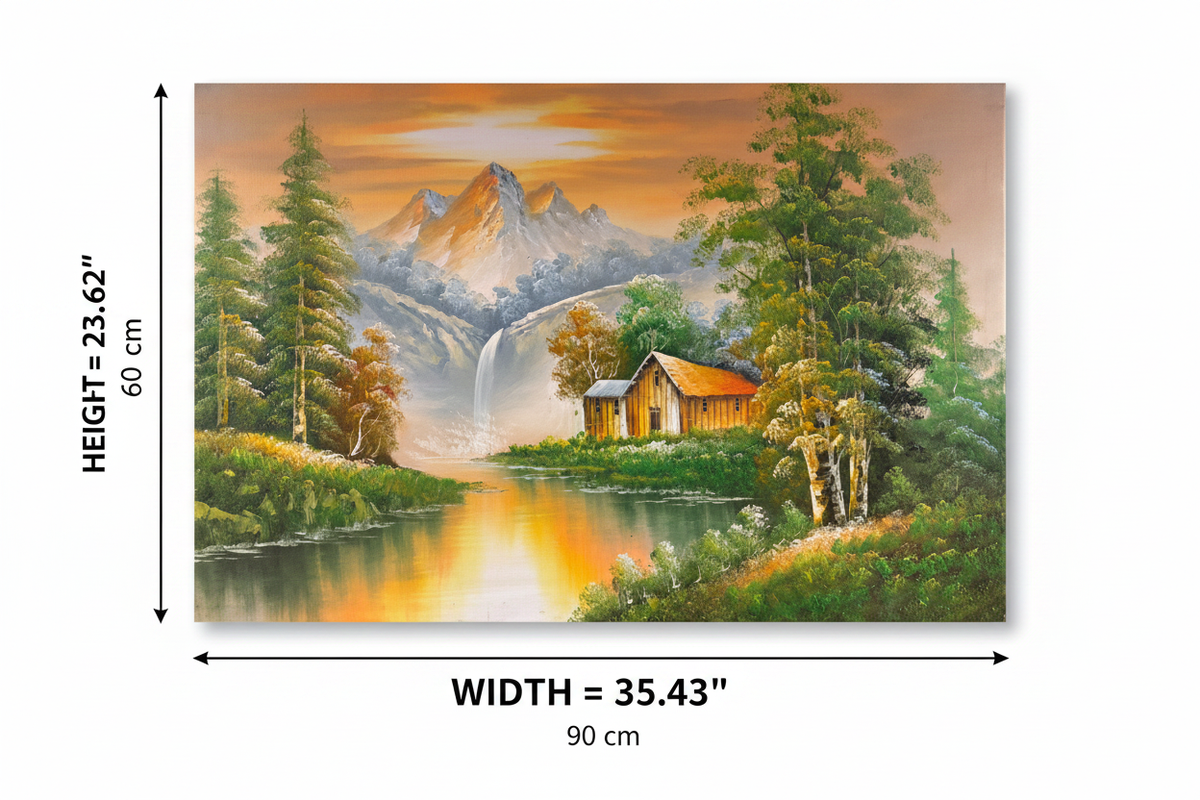 Dimension diagram of mountain waterfall oil painting showing width 35.43 inches 90 cm and height 23.62 inches 60 cm on white background