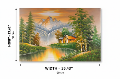 Dimension diagram of mountain waterfall oil painting showing width 35.43 inches 90 cm and height 23.62 inches 60 cm on white background