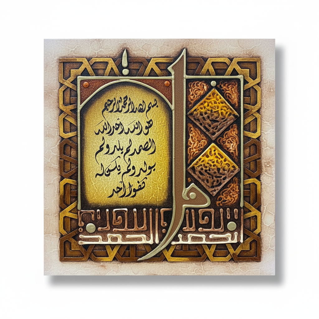 Surah Al-Ikhlas Alif canvas wall art on white background with shadow