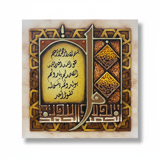 Surah Al-Ikhlas Alif canvas wall art on white background with shadow