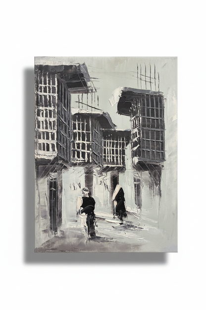B&W narrow alleyway oil painting with transparent background and soft drop shadow – no frame