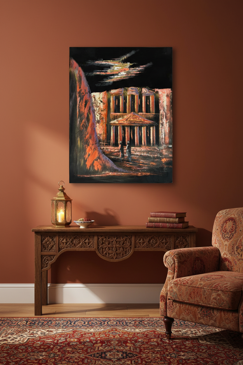 Petra Treasury crimson copper night canvas art hung on terracotta burnt sienna accent wall in elegant Middle Eastern inspired living room lifestyle photo