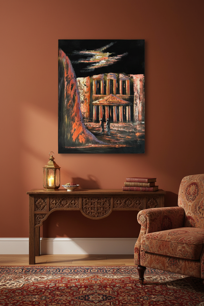 Petra Treasury crimson copper night canvas art hung on terracotta burnt sienna accent wall in elegant Middle Eastern inspired living room lifestyle photo