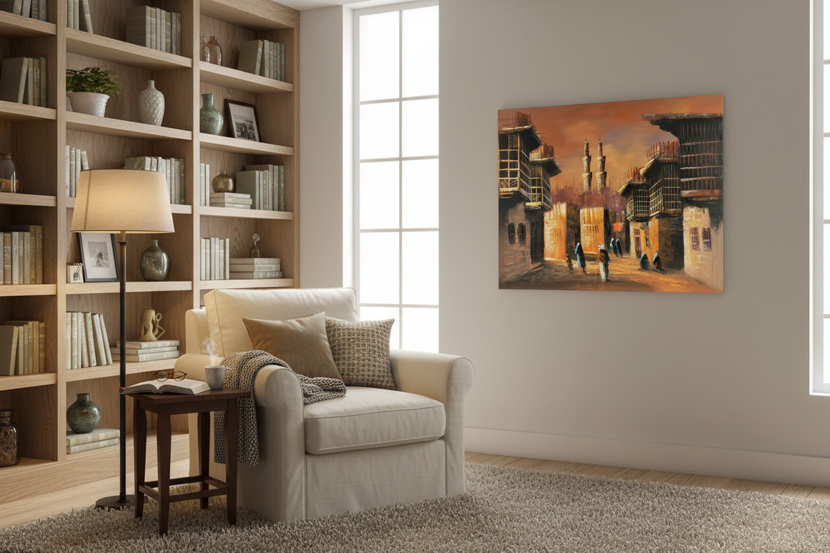 Original Middle Eastern street scene oil painting displayed in a cozy sitting and reading room — frameless wall art
