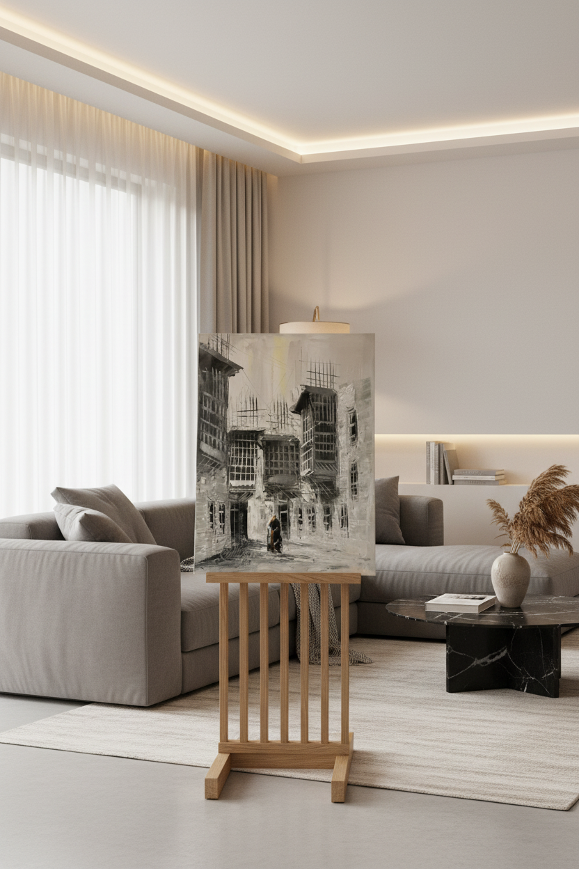 B&W old town lane oil painting on wooden art stand in modern living room – no frame