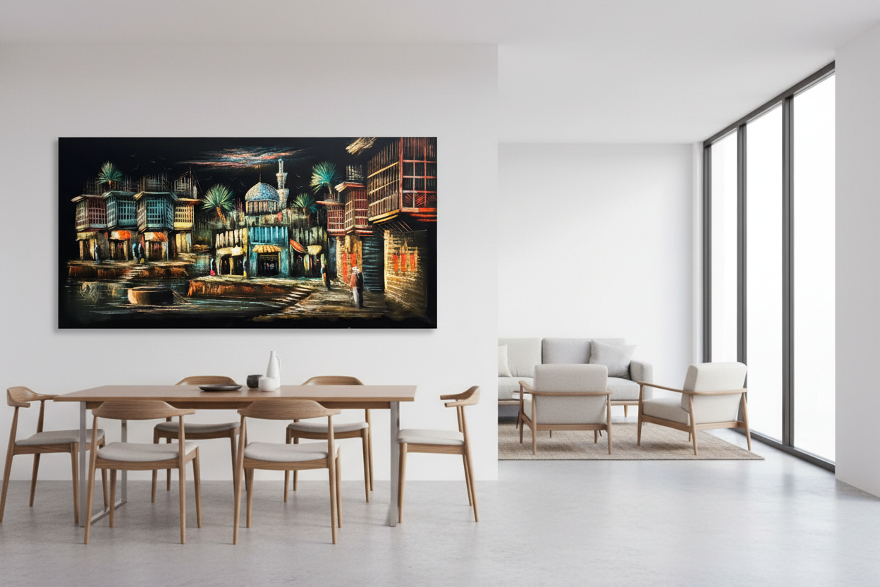 Middle Eastern waterfront bazaar night scene canvas wall art displayed in open dining and sitting area