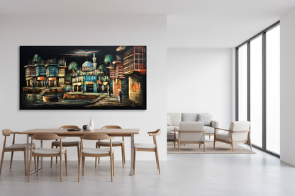 Middle Eastern waterfront bazaar night scene canvas wall art displayed in open dining and sitting area