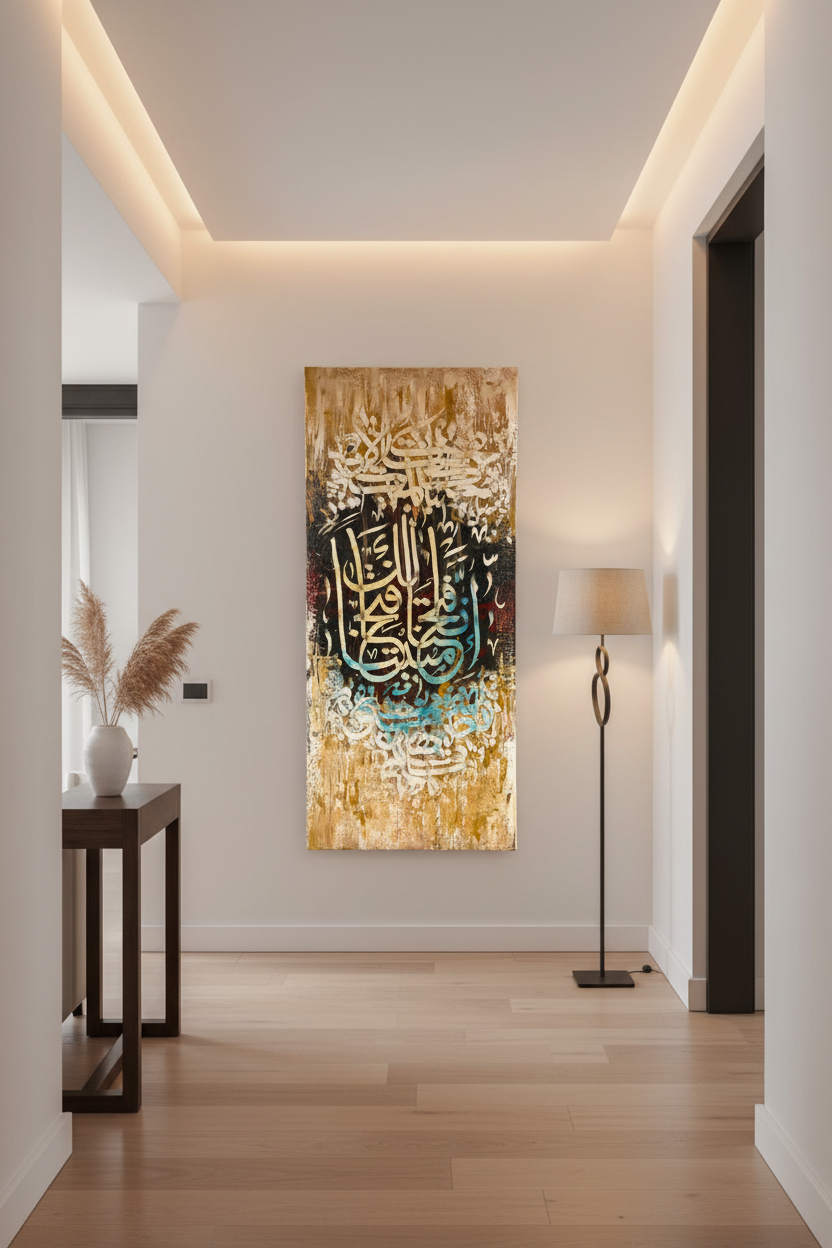 Inna Rabbakum Allah Quran calligraphy canvas wall art hung in a modern hallway, no frame, vertical format
