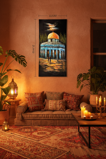 Original Dome of the Rock architectural painting displayed unframed on a terracotta bohemian living room wall