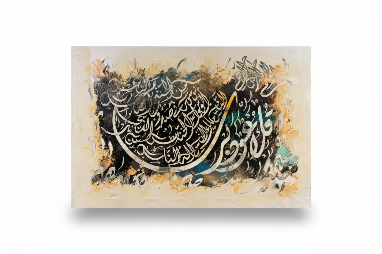 Islamic calligraphy silver gold canvas art on white background with shadow, no frame, product shot