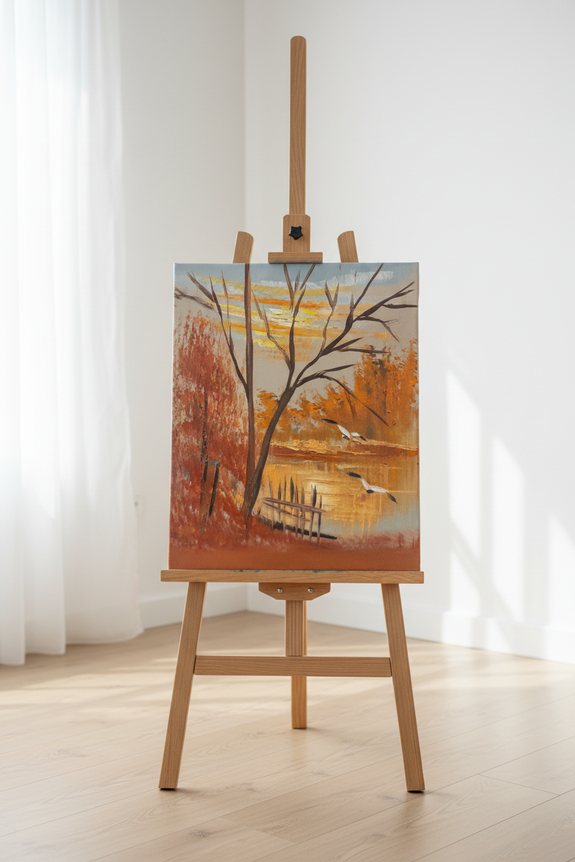 Original autumn riverside cranes oil painting displayed on wooden easel stand in bright modern interior